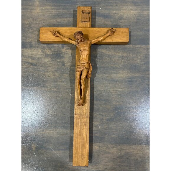 Vintage Anri Italy Hand Carved Wood Cross Crucifix Jesus Original Sticker 13" - Picture 1 of 9